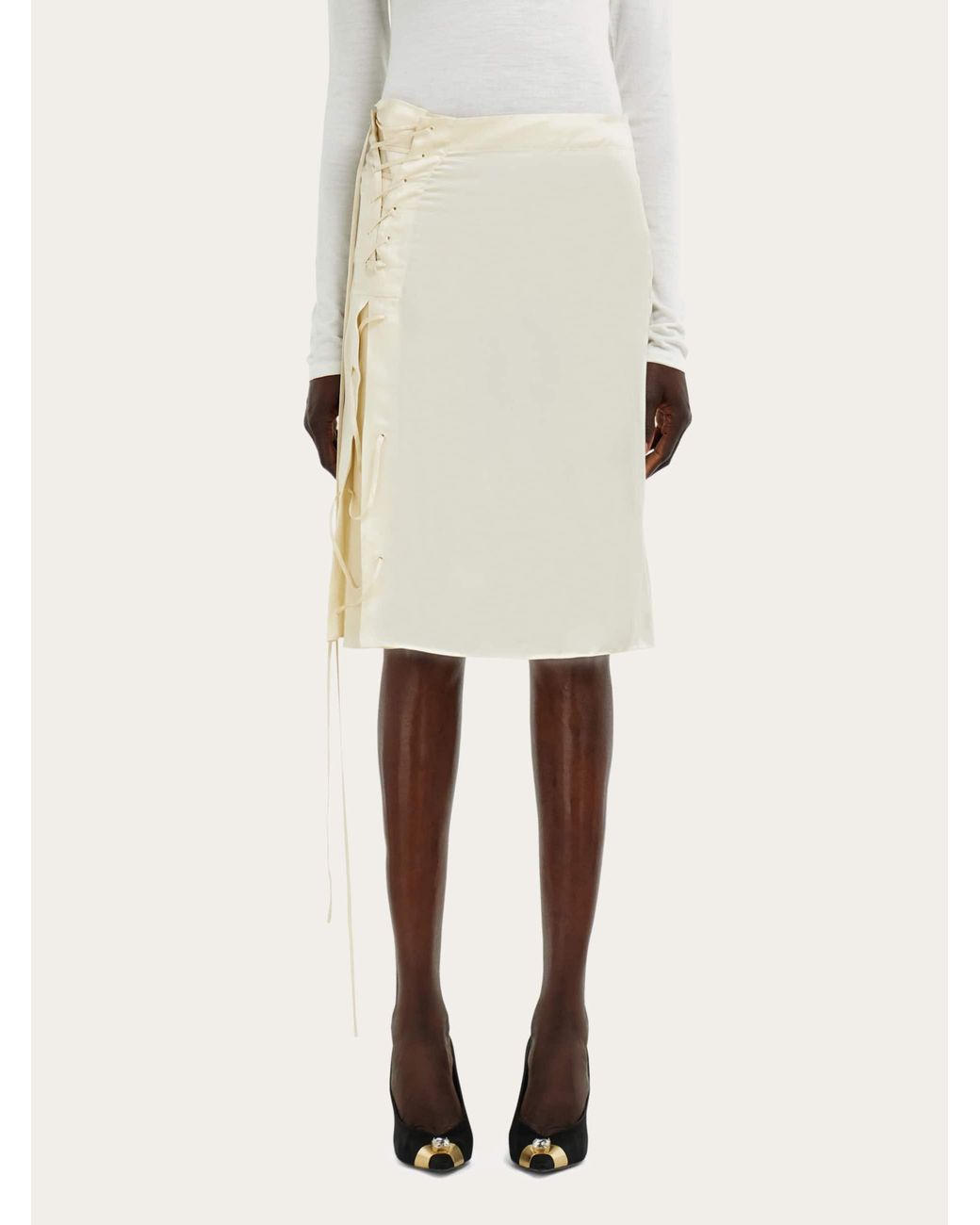 Ferragamo Natural Satin Skirt With String Tie Detail