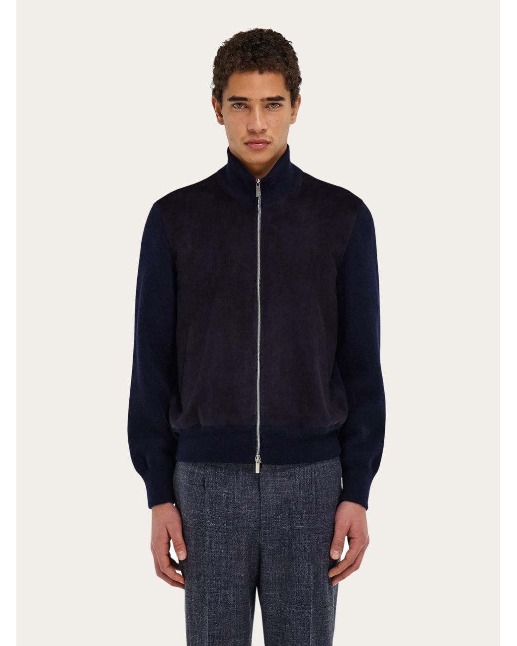 Ferragamo Blue Suede Blouson With Knitted Details for men