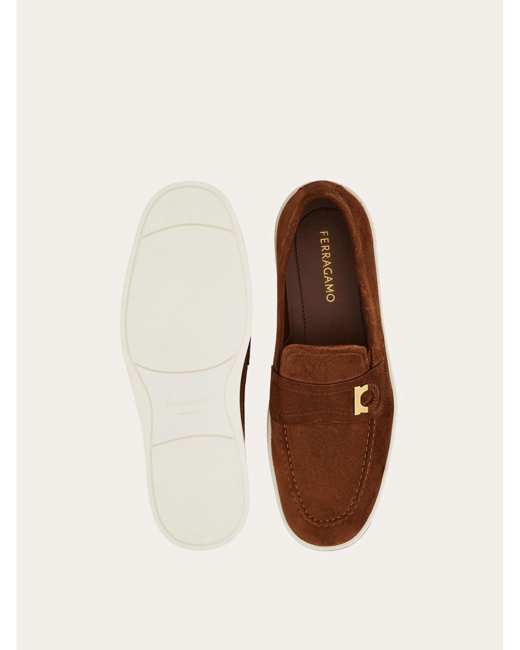 Ferragamo Brown Boat Shoe Loafer With Gancini Ornament for men