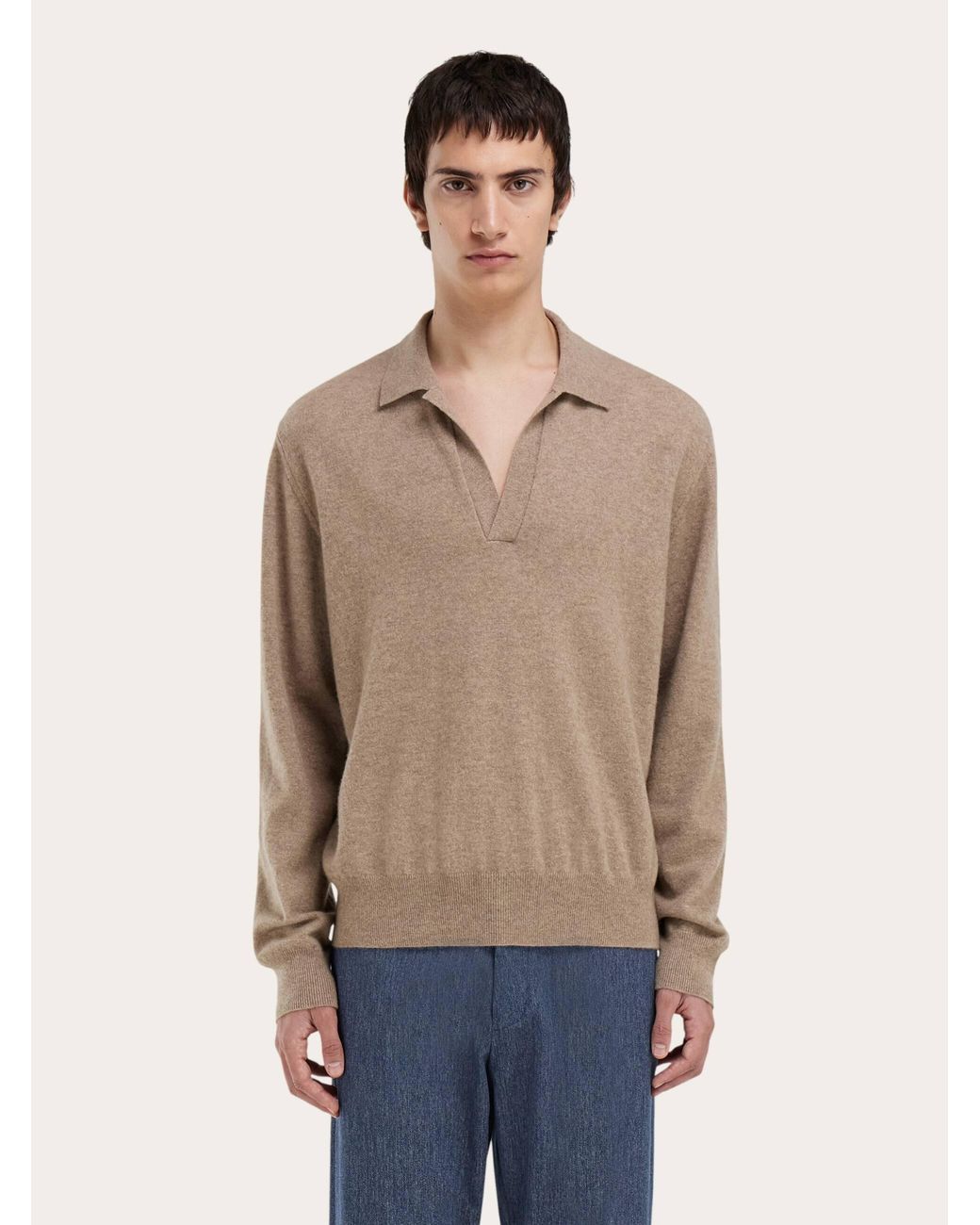 Ferragamo Natural Cashmere Sweater With Polo Collar for men