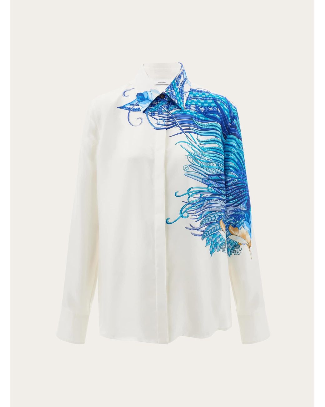 Ferragamo Blue Feather Show Print Silk Shirt