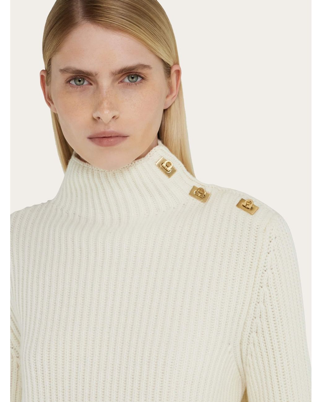 Ferragamo White Knitted Mock Neck Sweater With Gancini Detail