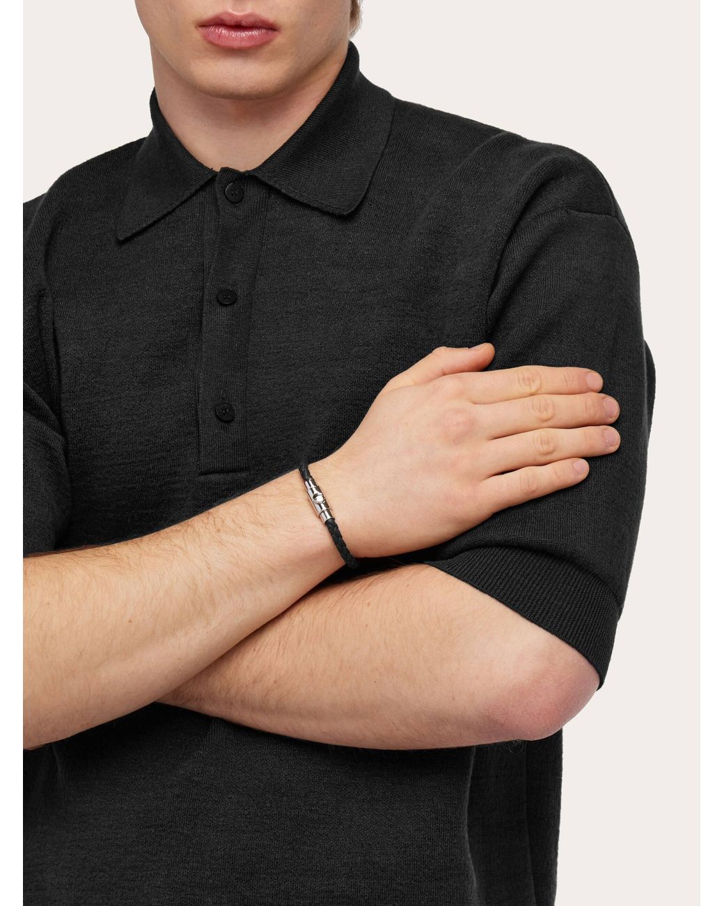 Ferragamo Black Braided Leather Bracelet (20Cm) for men