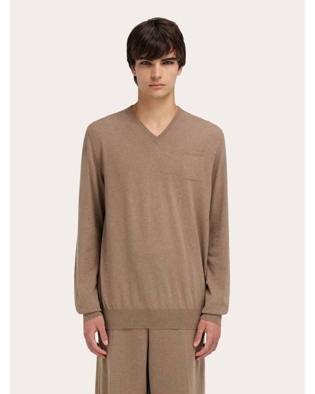 Ferragamo Natural V-Neck Sweater With Pocket Detail for men