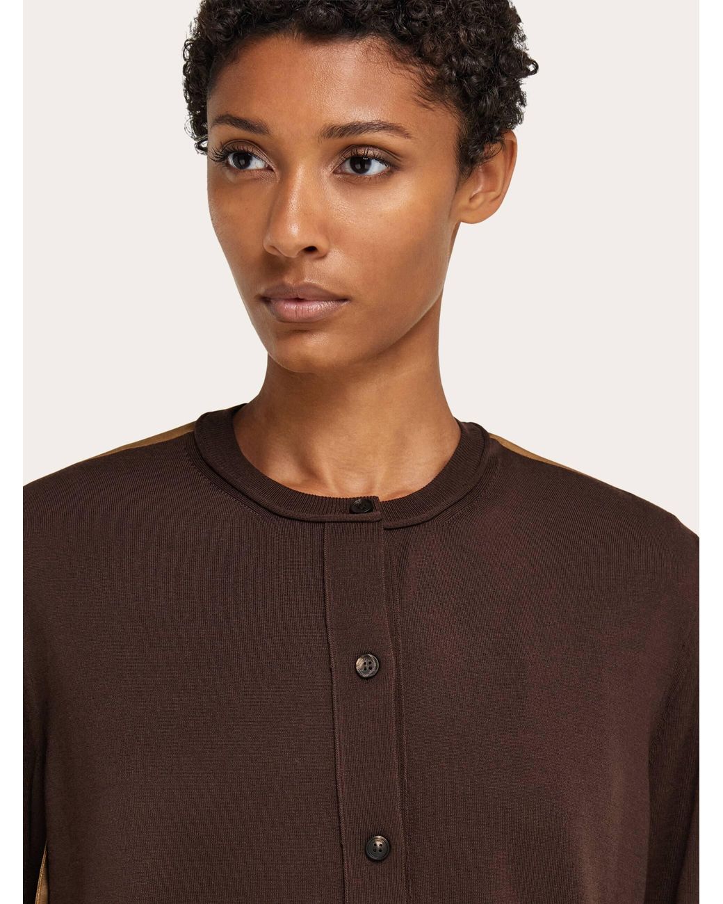 Ferragamo Brown Cardigan With Silk Panel Detail