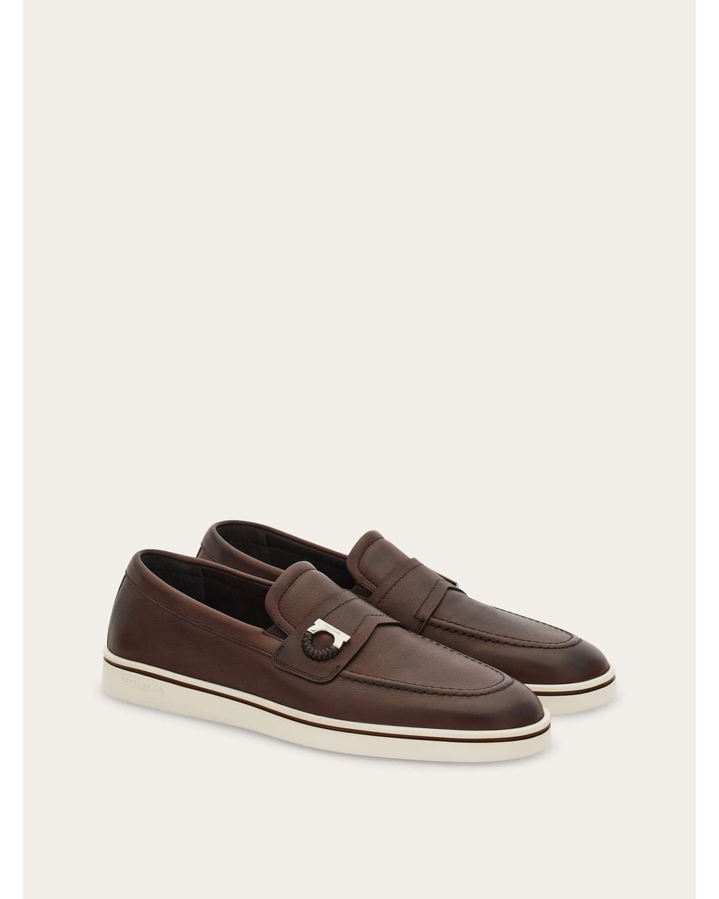 Ferragamo Brown Boat Shoe Loafer With Gancini Ornament for men