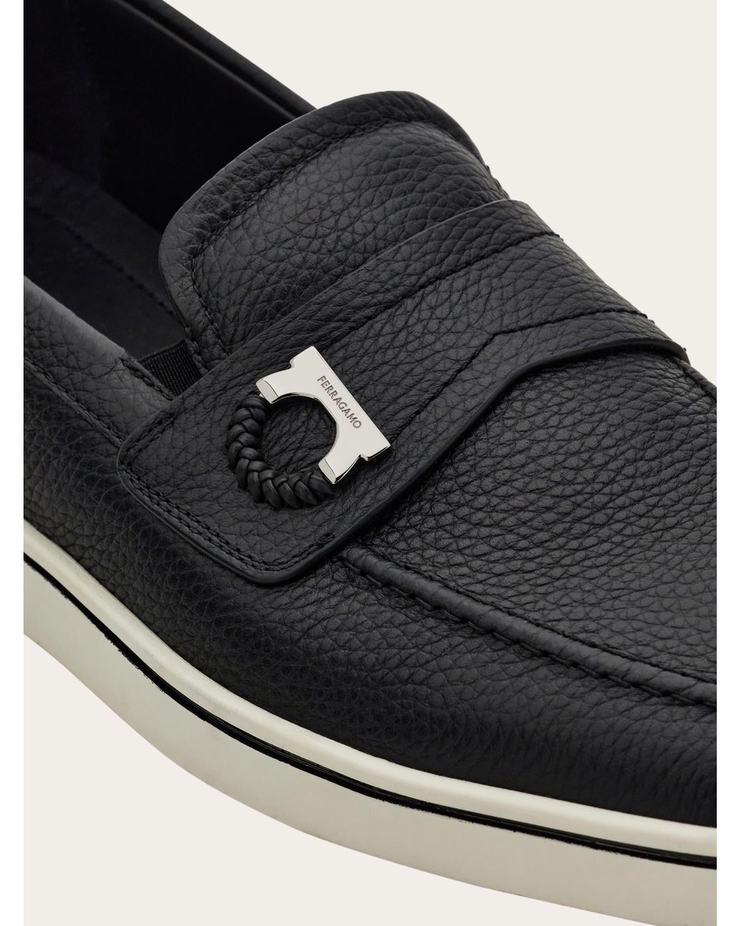 Ferragamo White Boat Shoe Loafer With Gancini Ornament for men