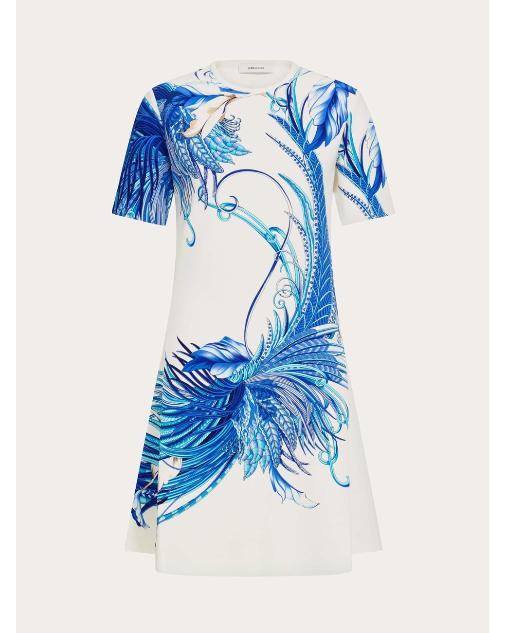 Ferragamo Blue Feather Show Print Dress