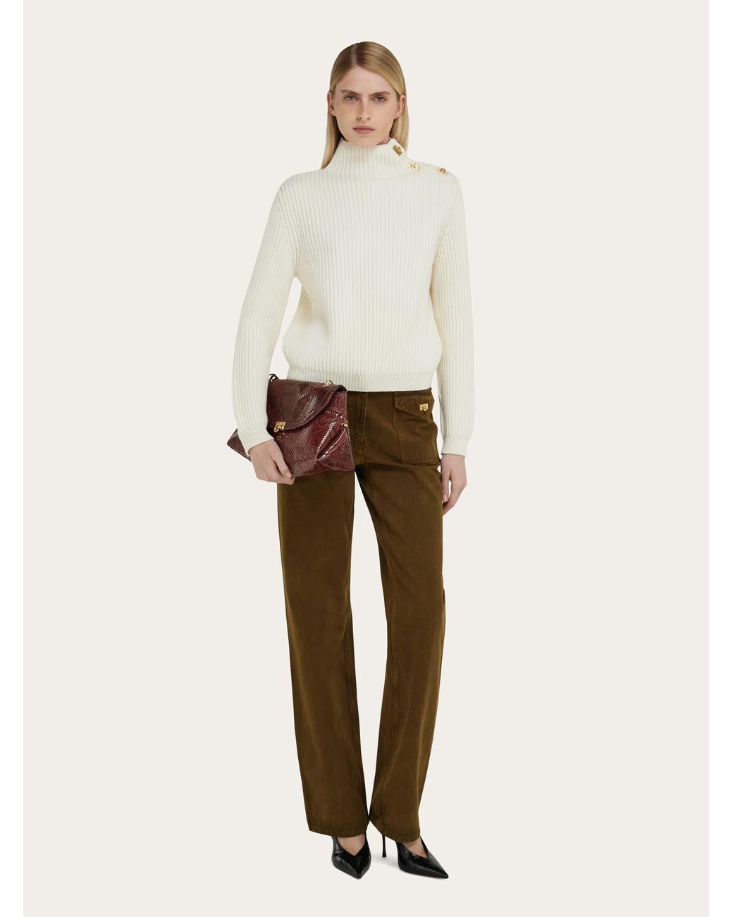 Ferragamo White Knitted Mock Neck Sweater With Gancini Detail