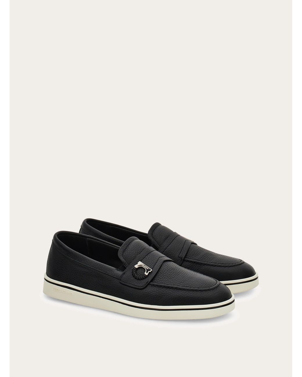 Ferragamo White Boat Shoe Loafer With Gancini Ornament for men