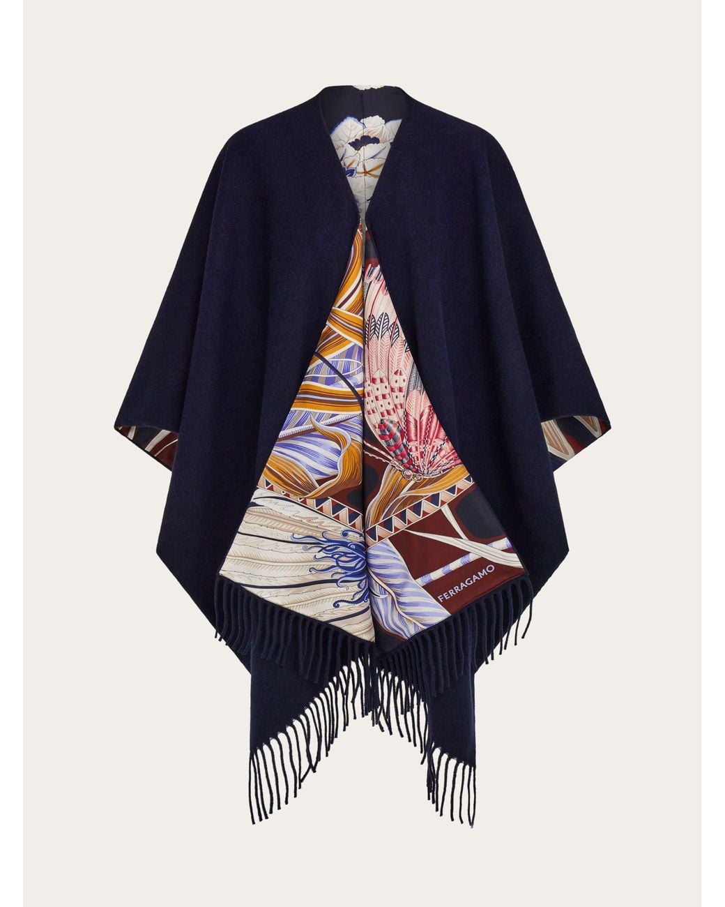 Ferragamo Blue Cashmere And Silk Reversible Cape