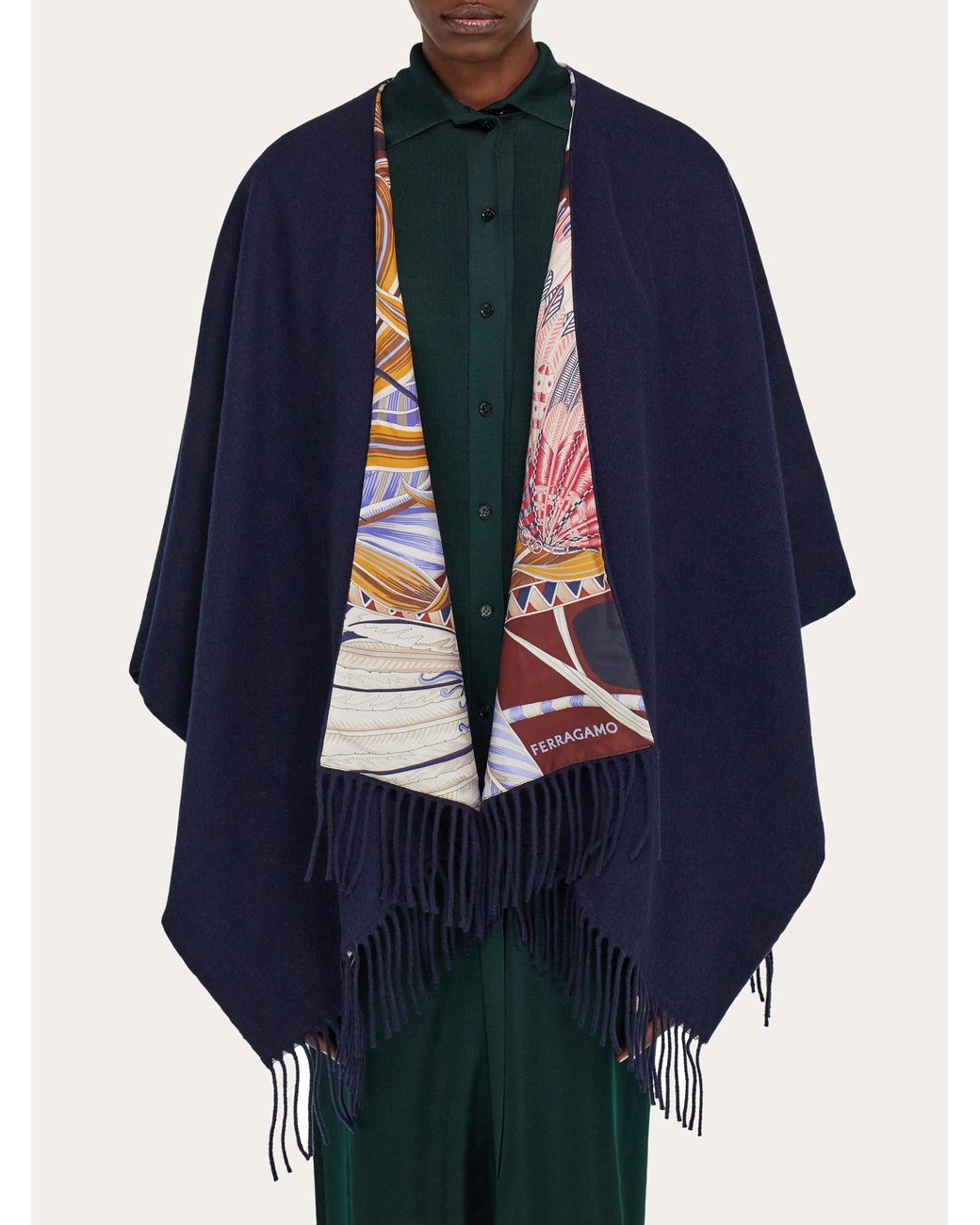 Ferragamo Blue Cashmere And Silk Reversible Cape