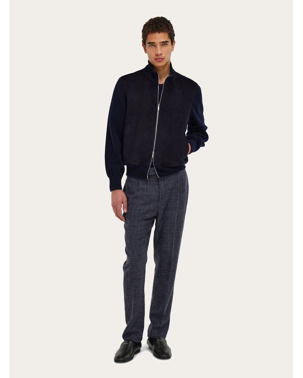 Ferragamo Blue Suede Blouson With Knitted Details for men