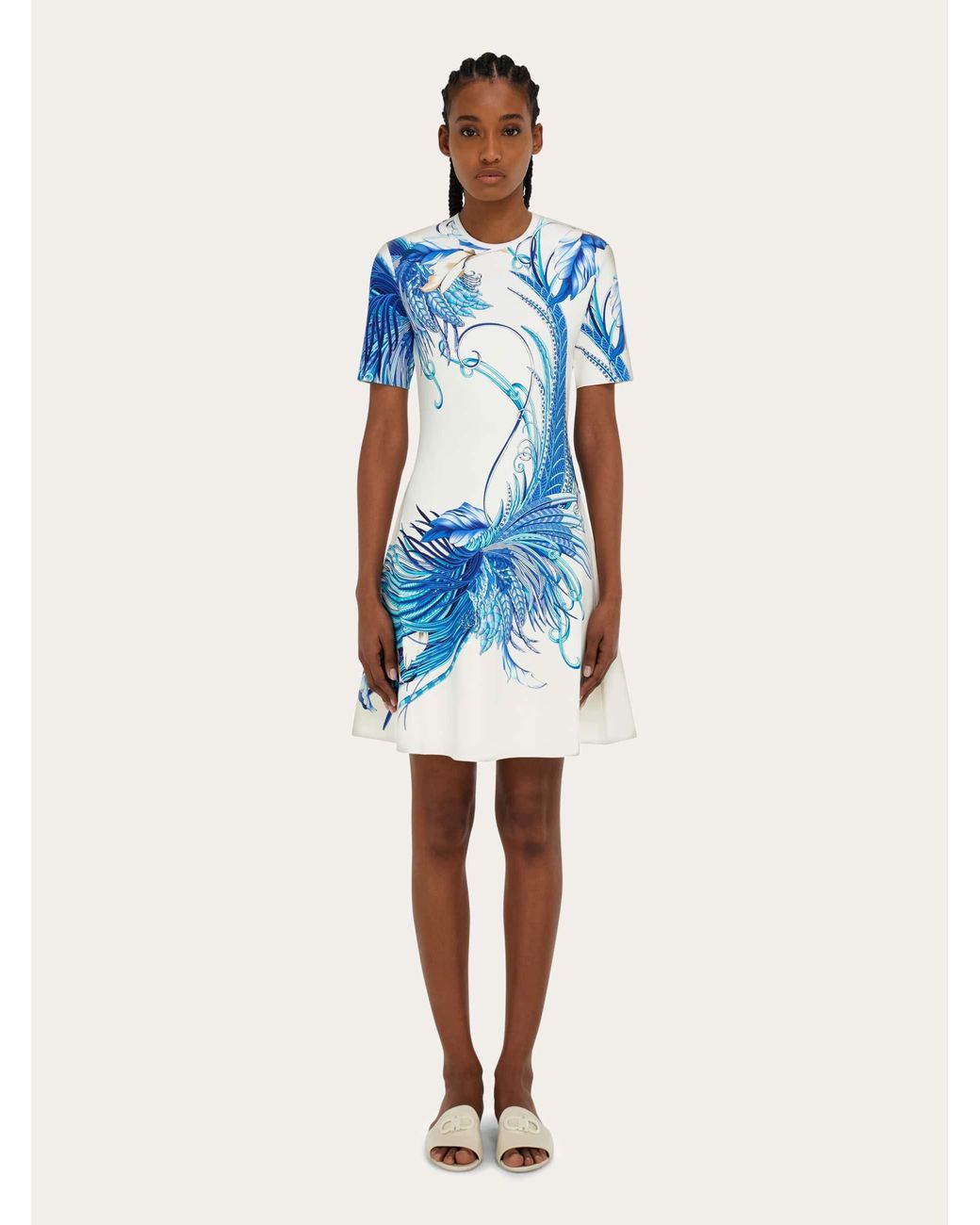 Ferragamo Blue Feather Show Print Dress
