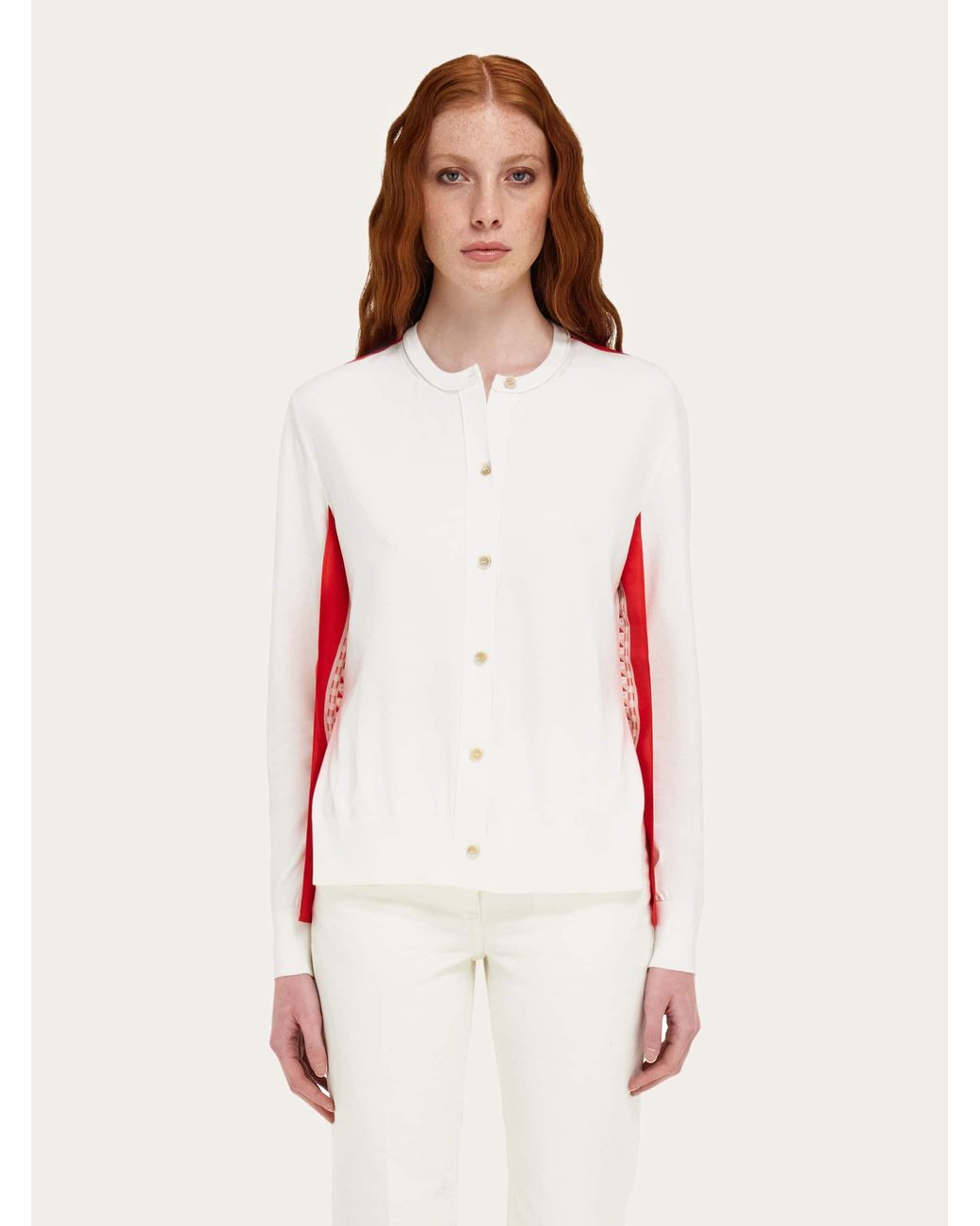 Ferragamo White Feather Show Print Crew-Neck Cardigan for men
