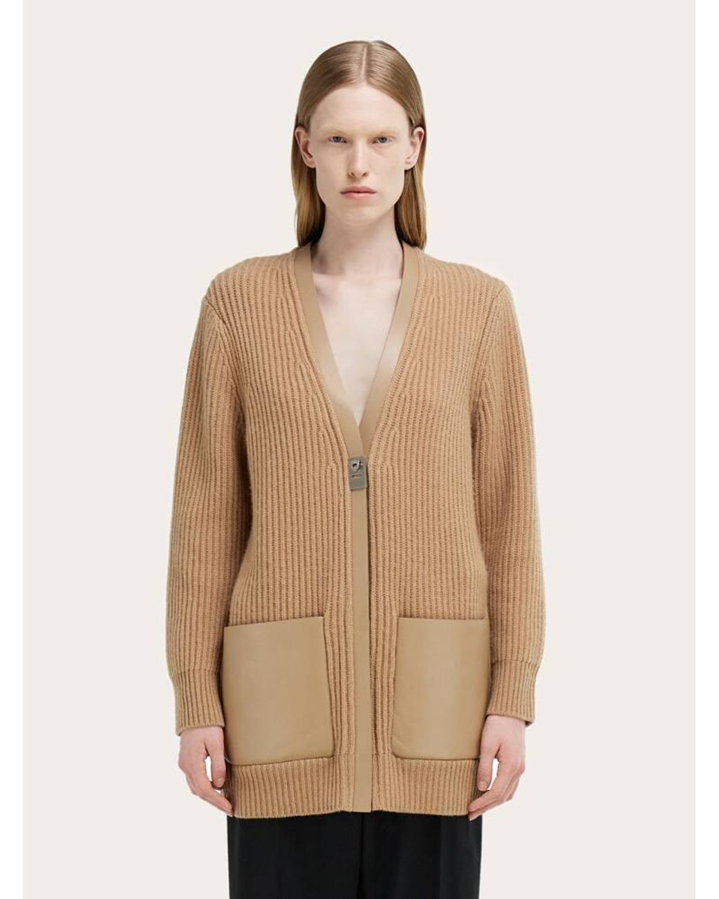 Ferragamo Natural Longline Cardigan With Leather Trims