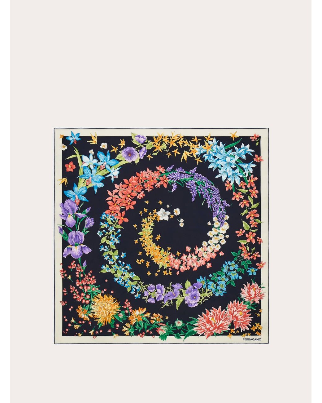 Ferragamo Blue Spring Print Silk Scarf