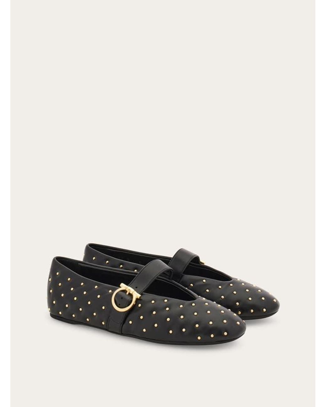 Ferragamo White Studded Gancini Buckle Ballet Flat .5