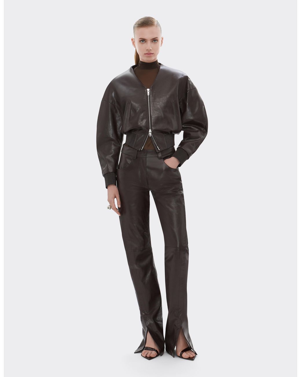 Ferrari Gray Glossy Leather Trousers