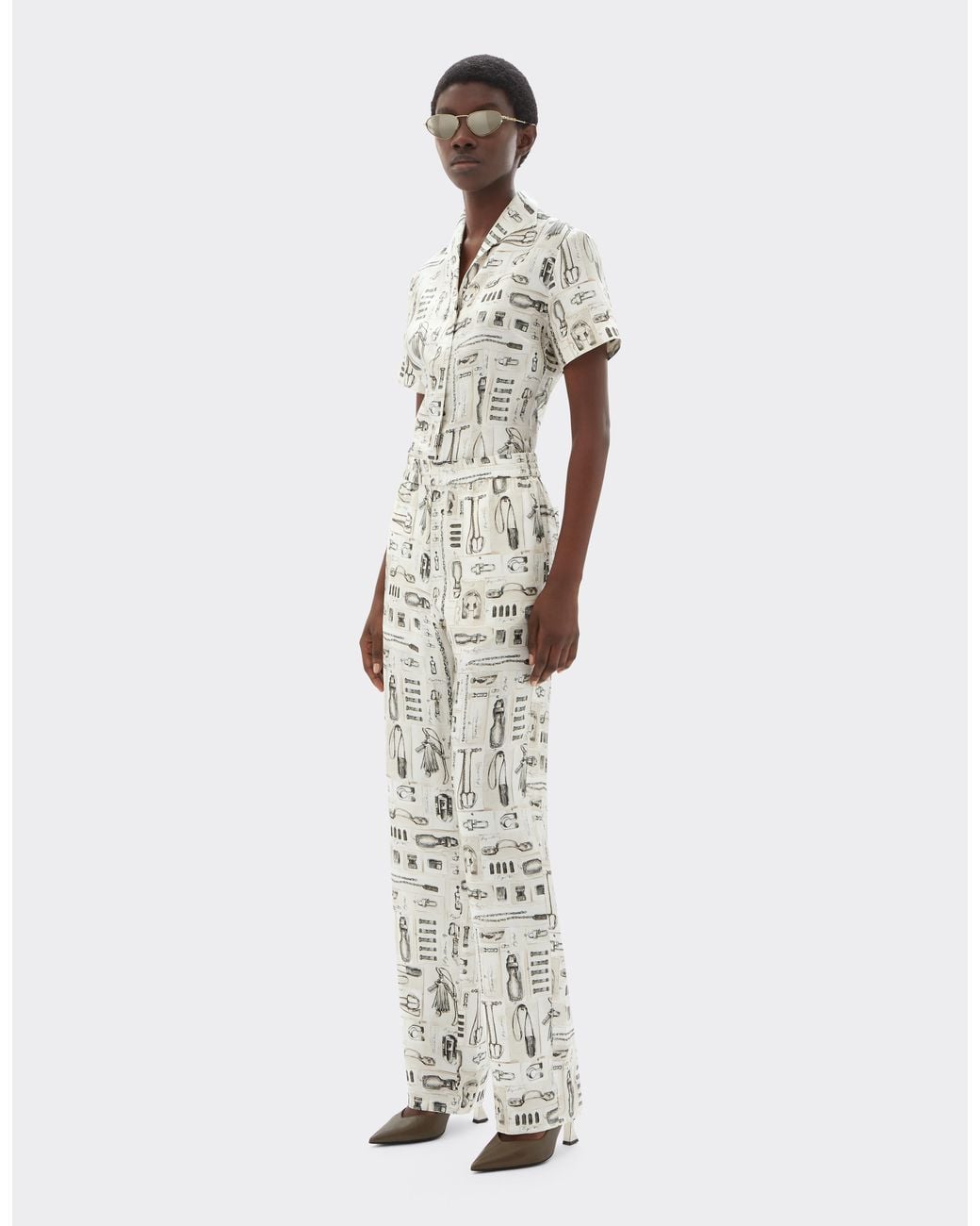 Ferrari White Silk Twill Trousers With Officina Print
