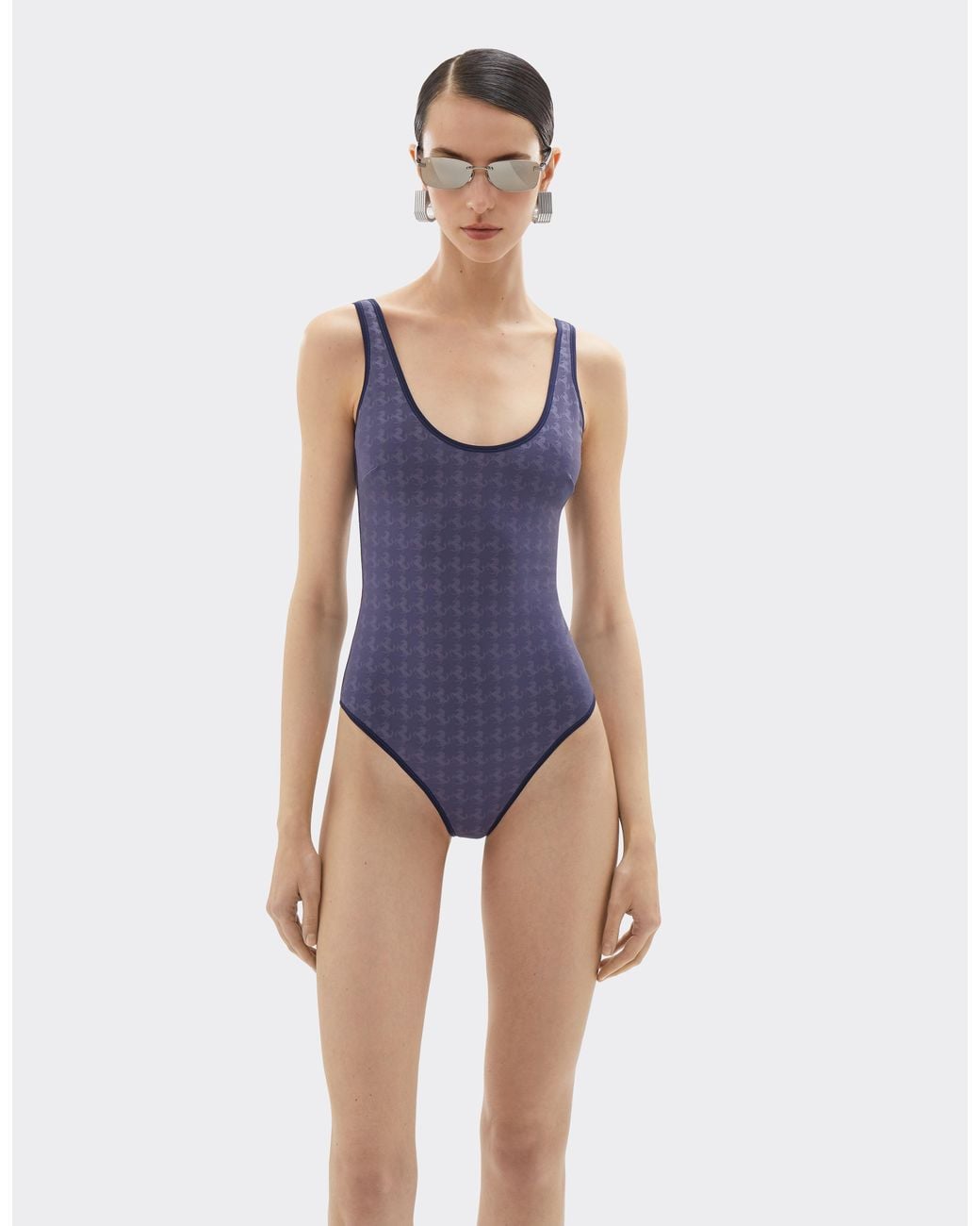 Ferrari Blue One-Piece Swimsuit With Prancing Horse Motif