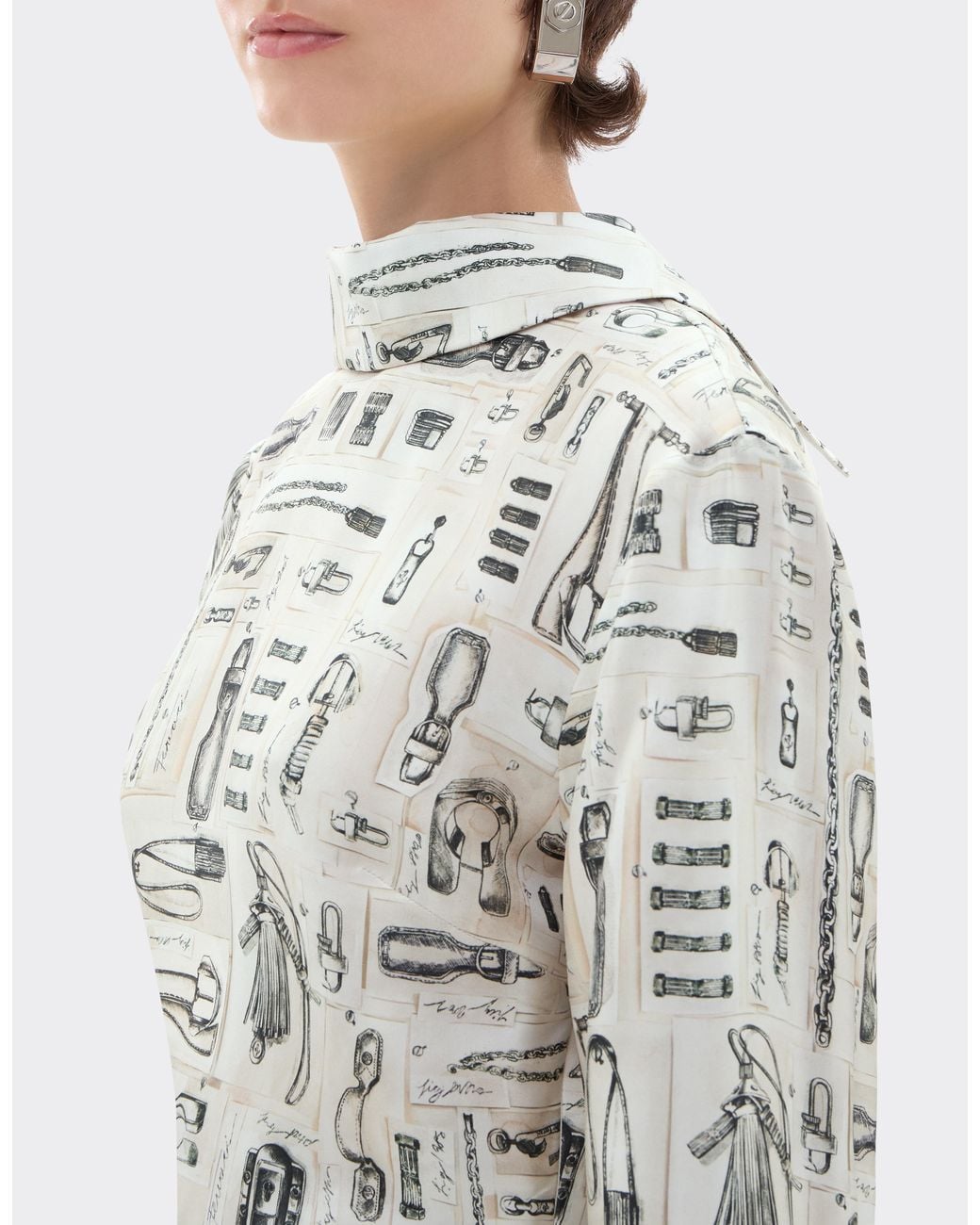 Ferrari White Silk Twill Blouse With Officina Print