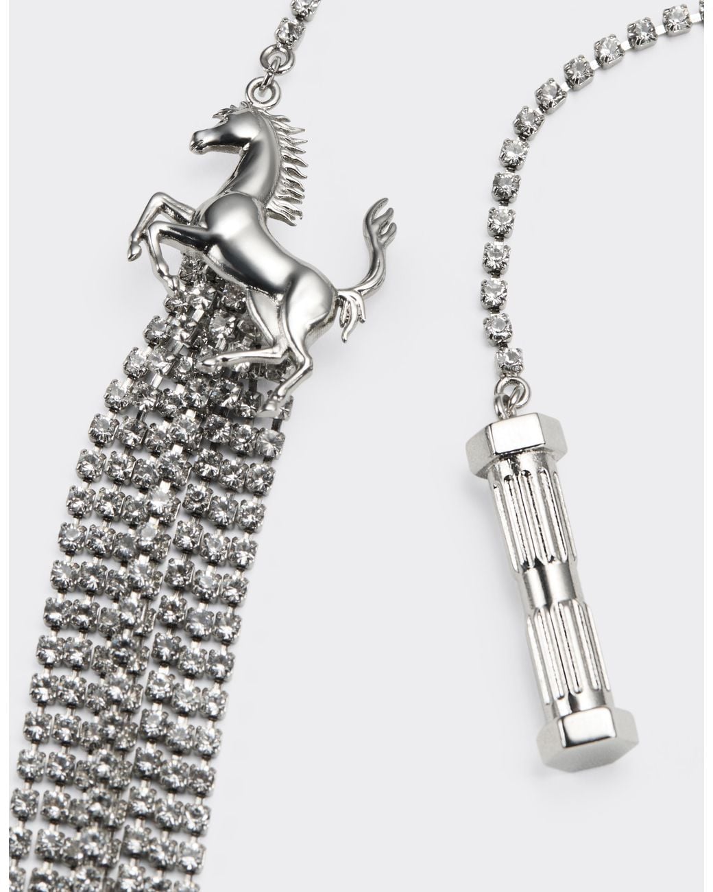Ferrari White Rhinestone Necklace With Prancing Horse And Mini Piston