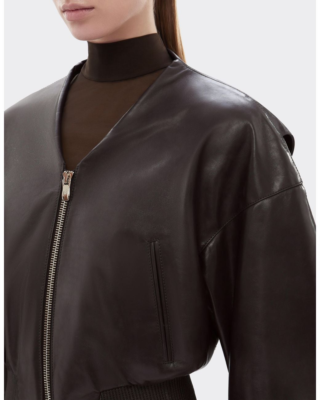 Ferrari Black Glossy Leather Bomber Jacket With V-Neck