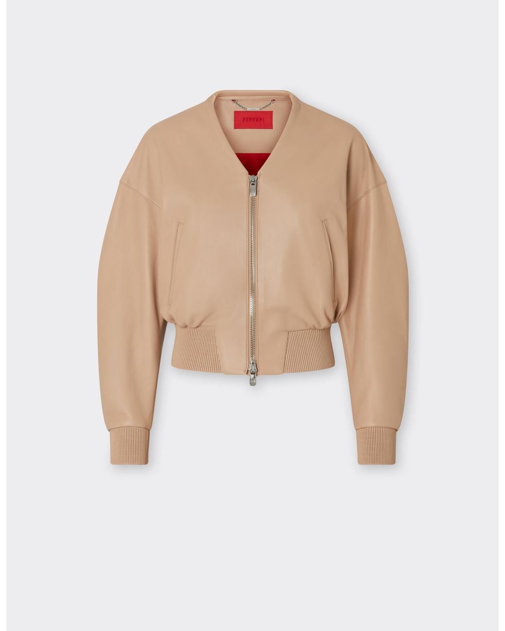 Ferrari White Short Leather Bomber Jacket With V-Neck