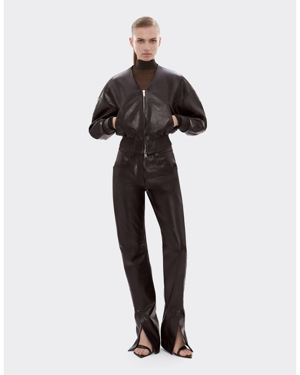 Ferrari Black Glossy Leather Bomber Jacket With V-Neck