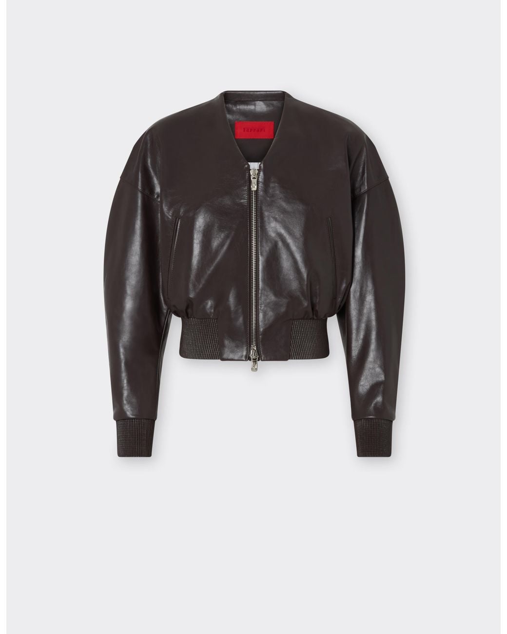 Ferrari Black Glossy Leather Bomber Jacket With V-Neck