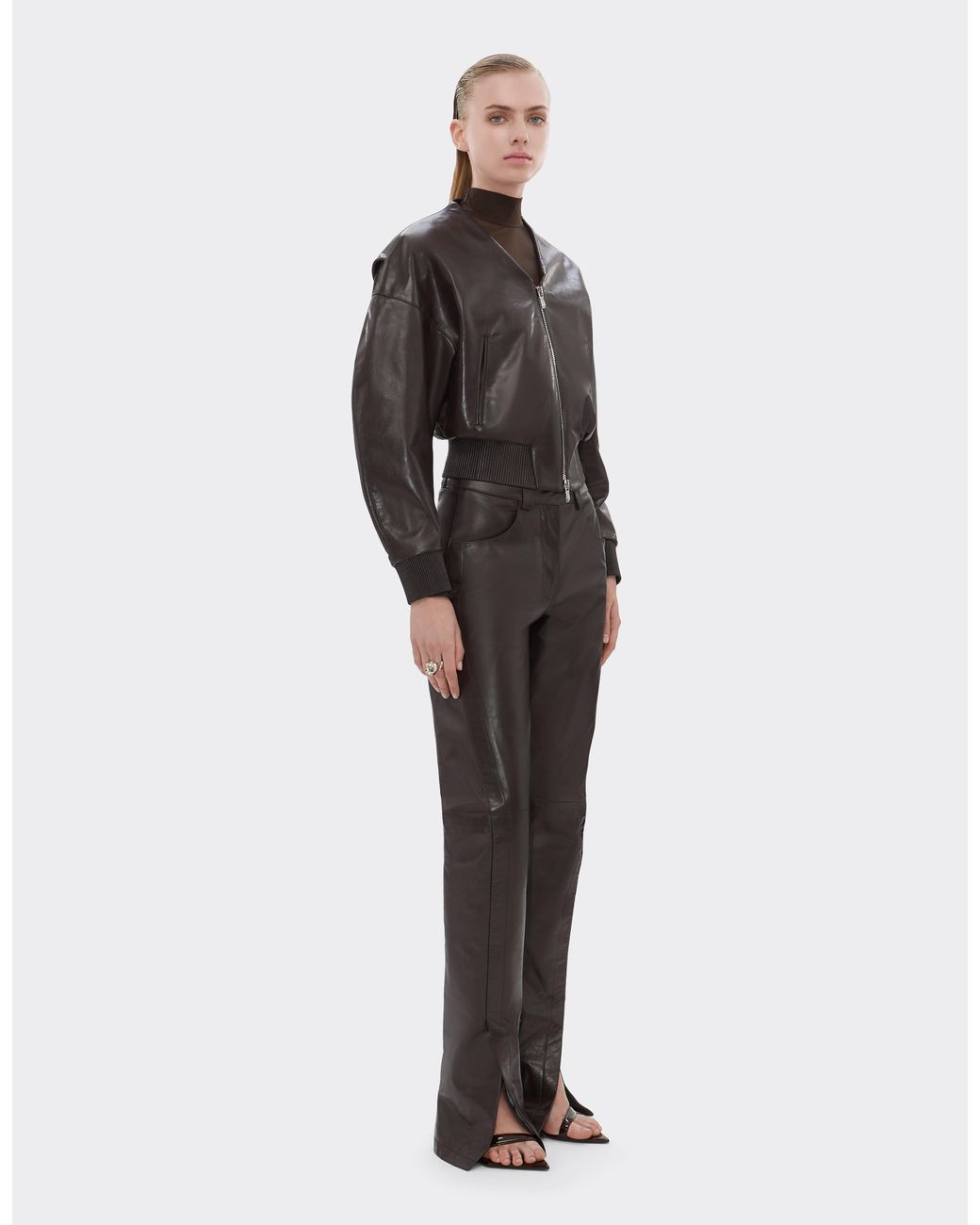 Ferrari Gray Glossy Leather Trousers