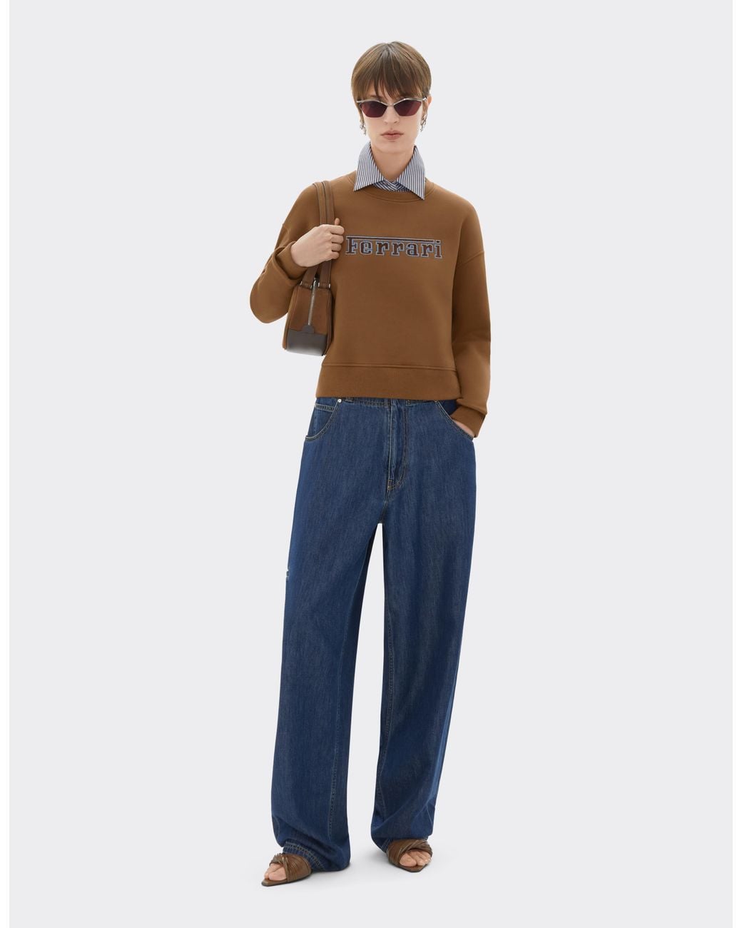 Ferrari Brown Cotton Crew-Neck Sweatshirt With Logo