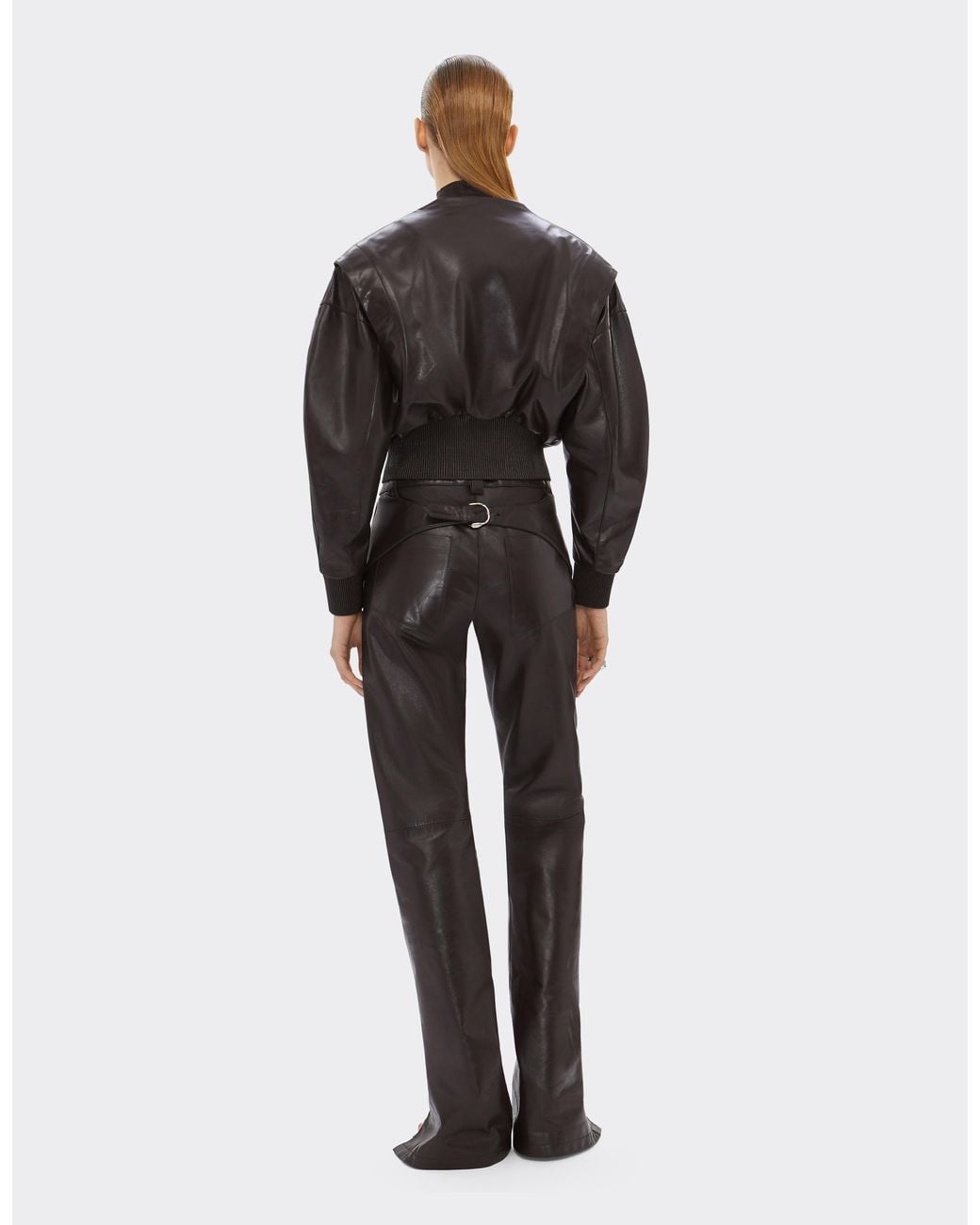 Ferrari Black Glossy Leather Bomber Jacket With V-Neck