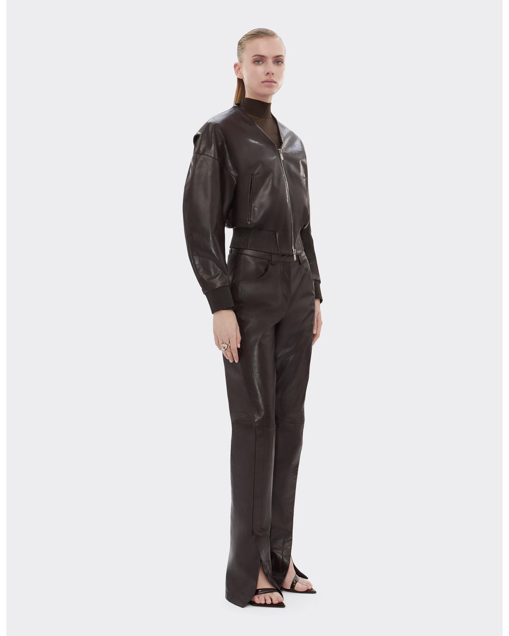 Ferrari Black Glossy Leather Bomber Jacket With V-Neck