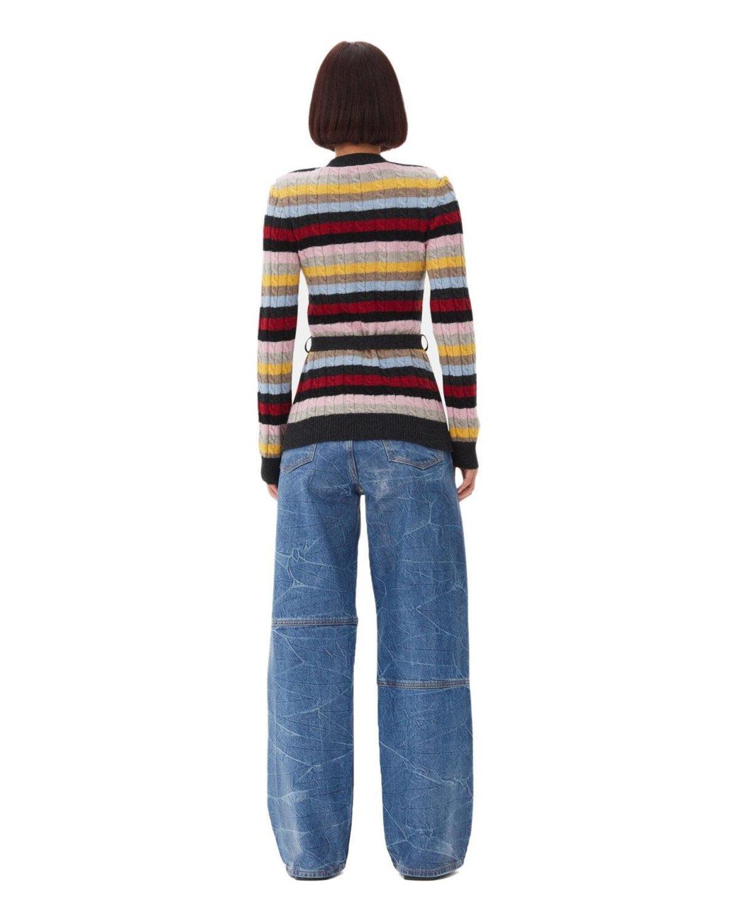 Ganni Multicolor Striped Cardigan With Belt