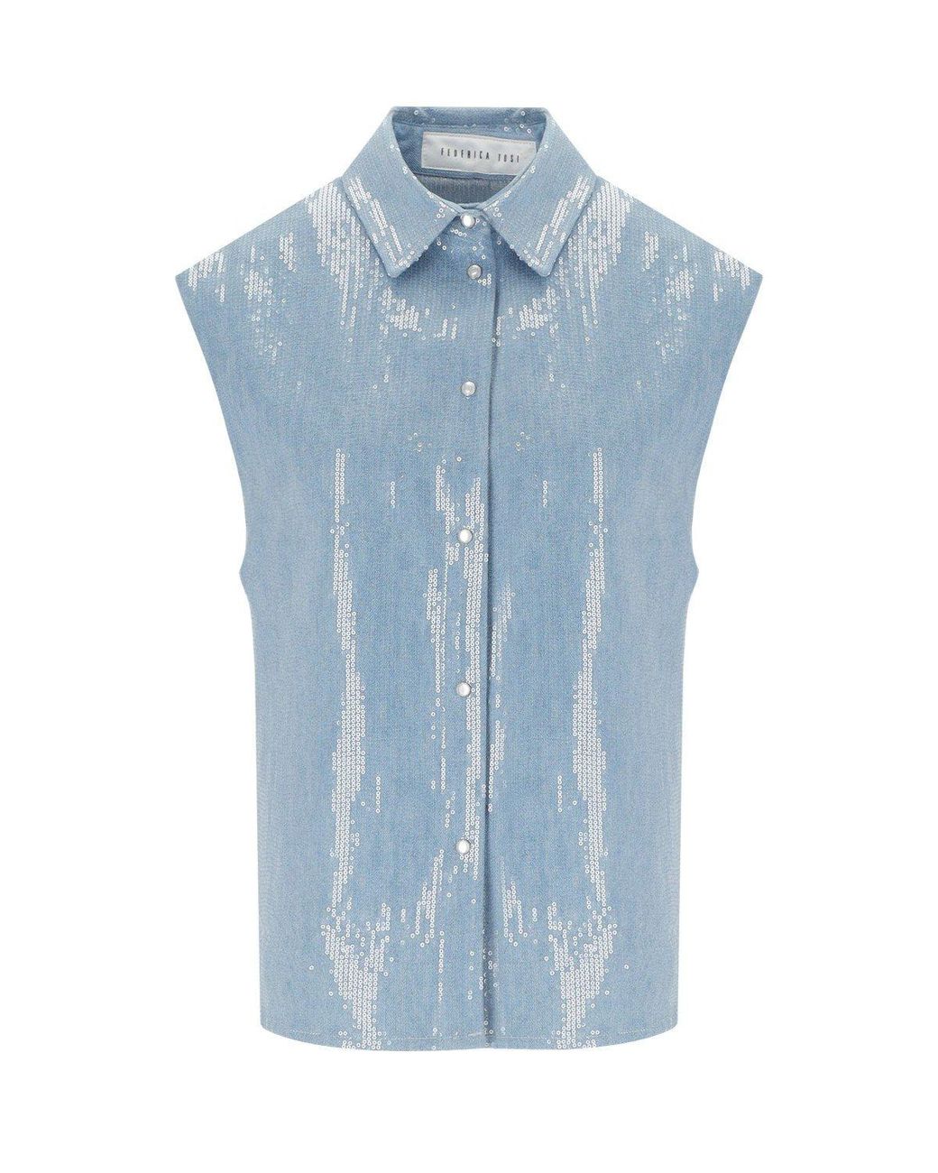 FEDERICA TOSI Blue Denim Acqua Sequins Sleeveless Shirt
