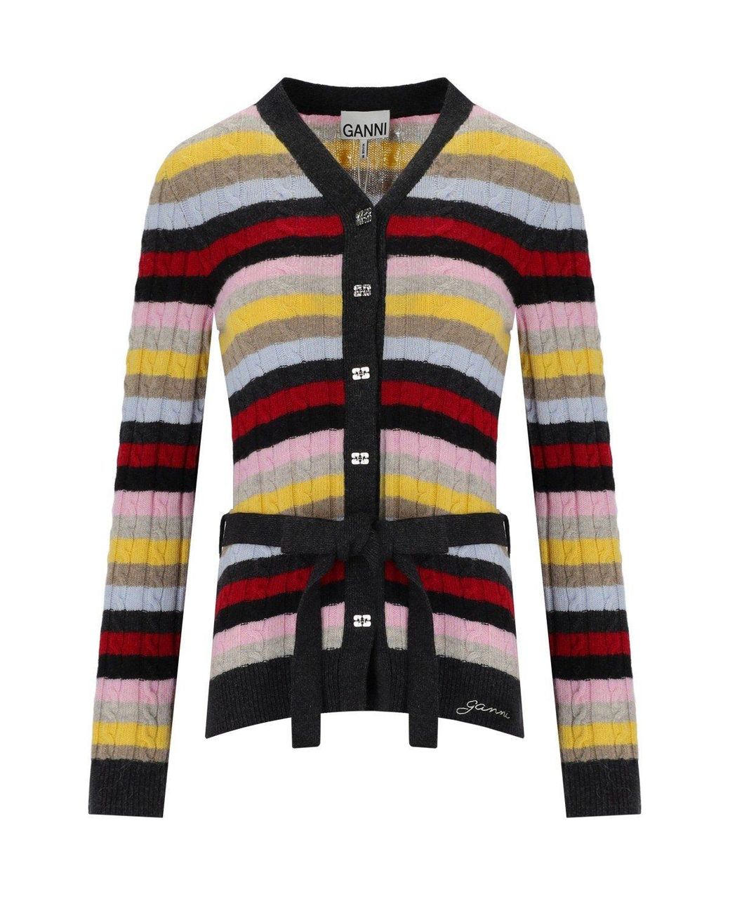 Ganni Multicolor Striped Cardigan With Belt