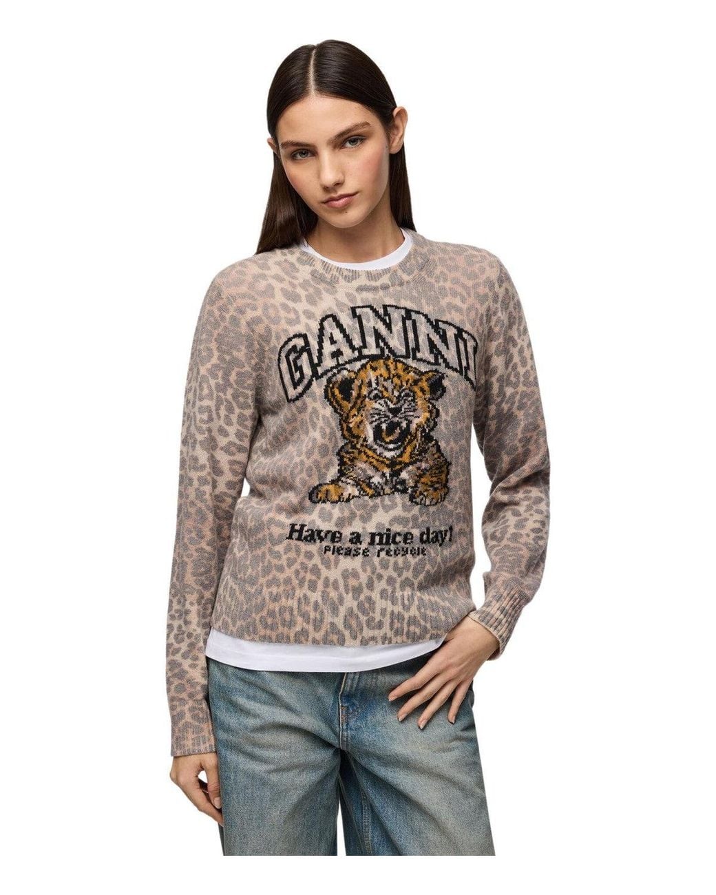 Ganni Gray Animalier Crew Neck Sweater
