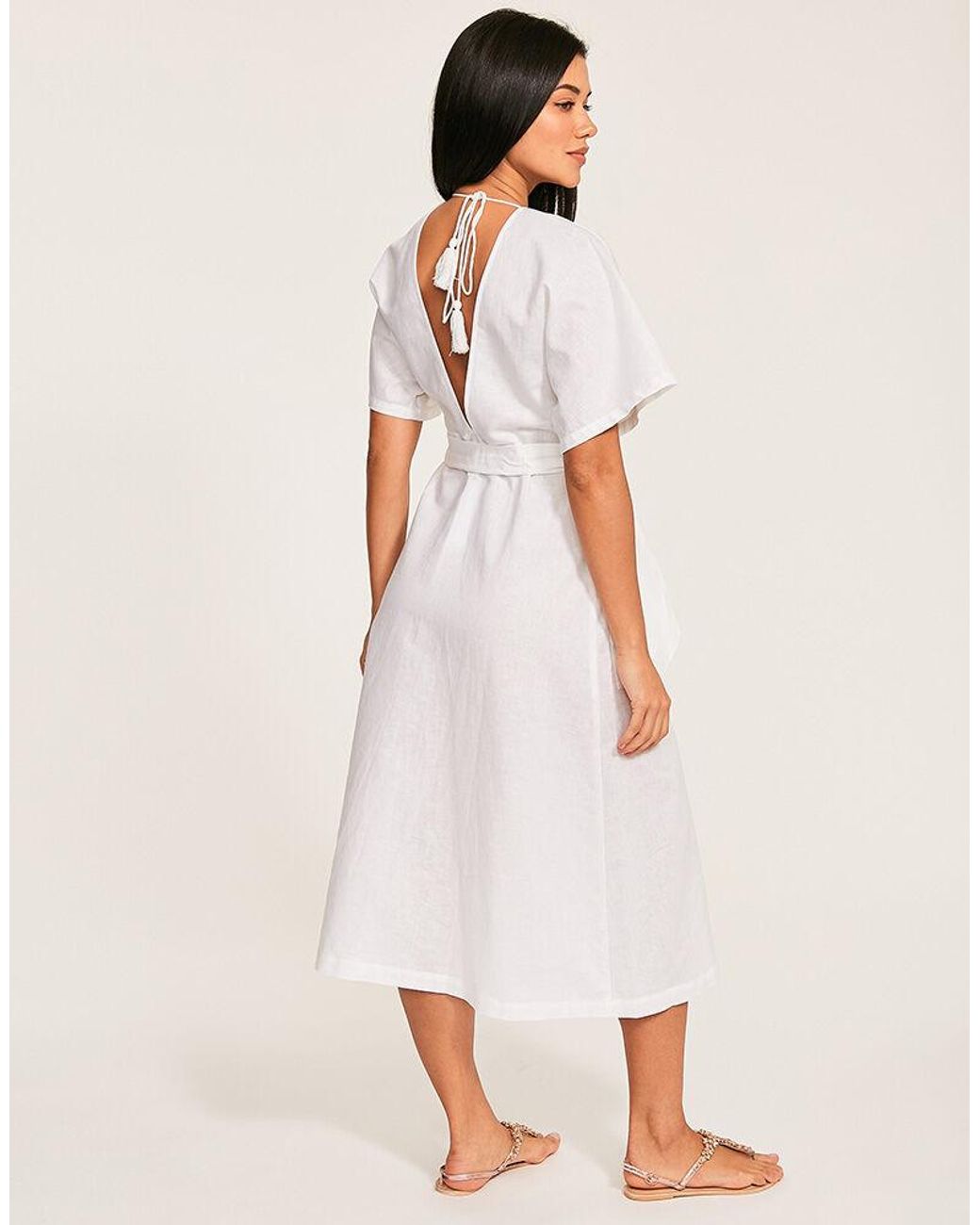 white linen button front dress