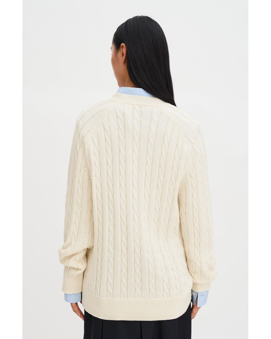 Filippa K White Braided Cotton V-Neck Sweater