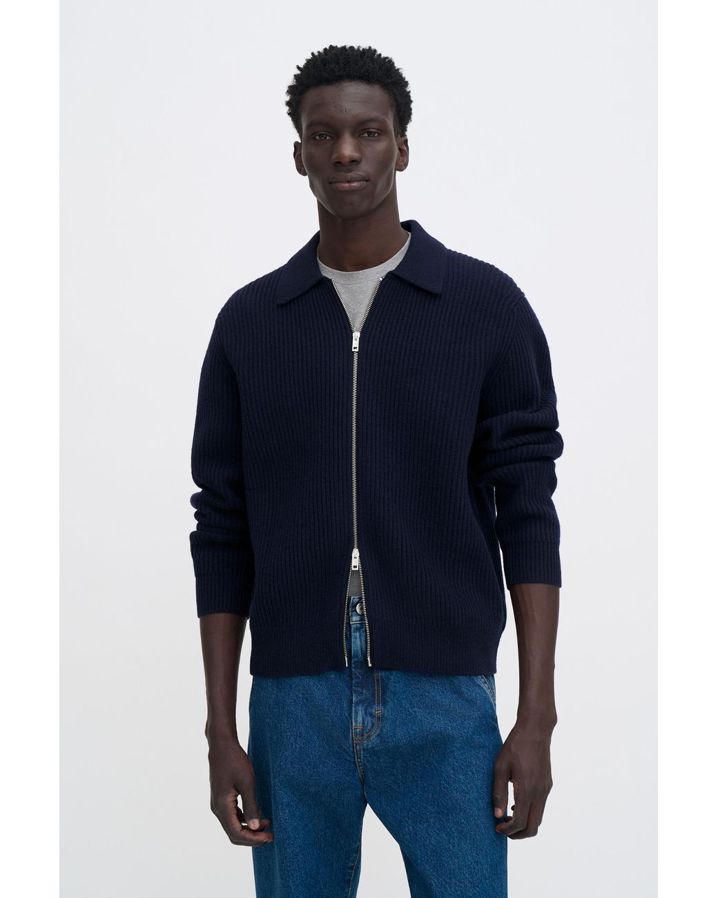 Filippa K Blue Ribbed Wool Zip Cardigan for men