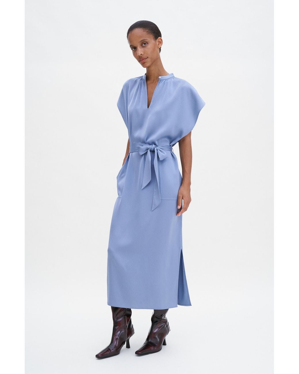 Filippa K Blue Belted Stand Collar Dress