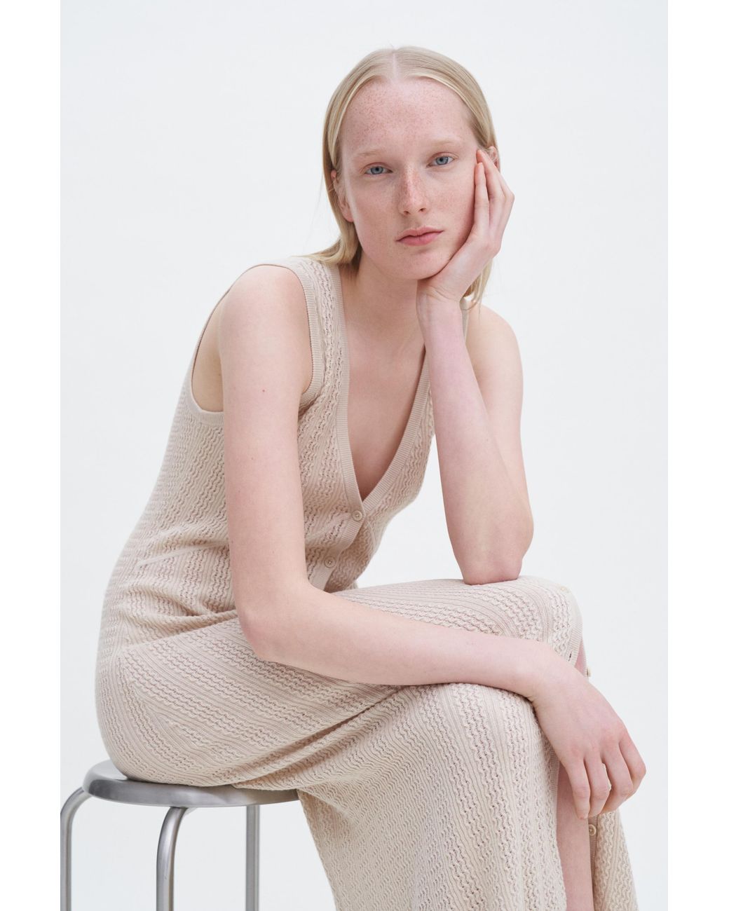 Filippa K Natural Buttoned Mesh Knit Dress