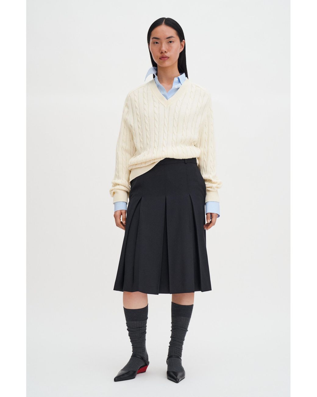 Filippa K White Braided Cotton V-Neck Sweater