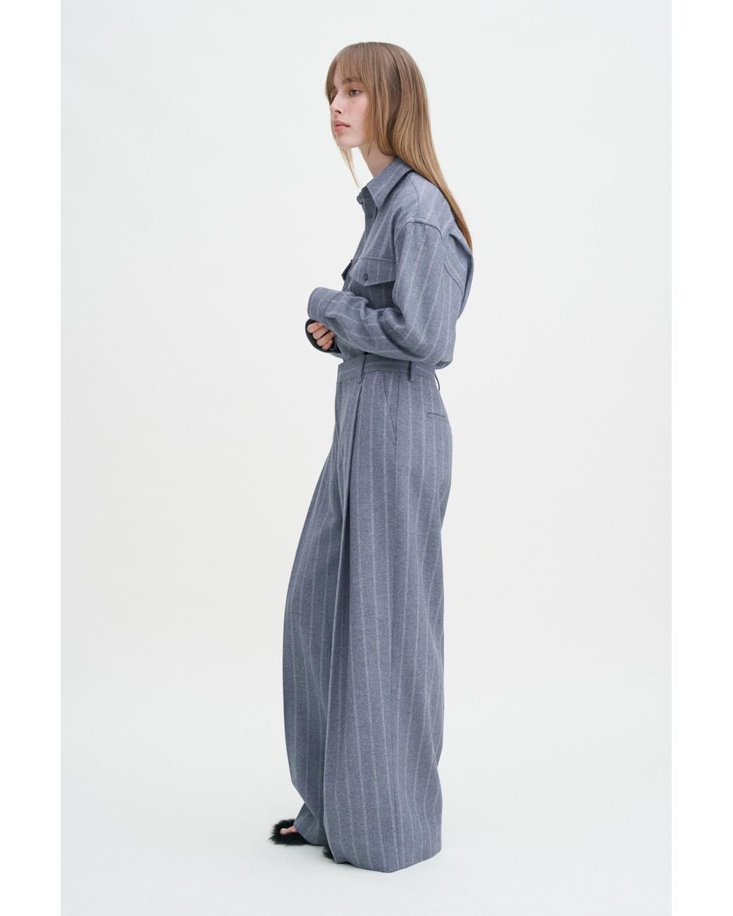 Filippa K Blue Wide Pleated Striped Trousers
