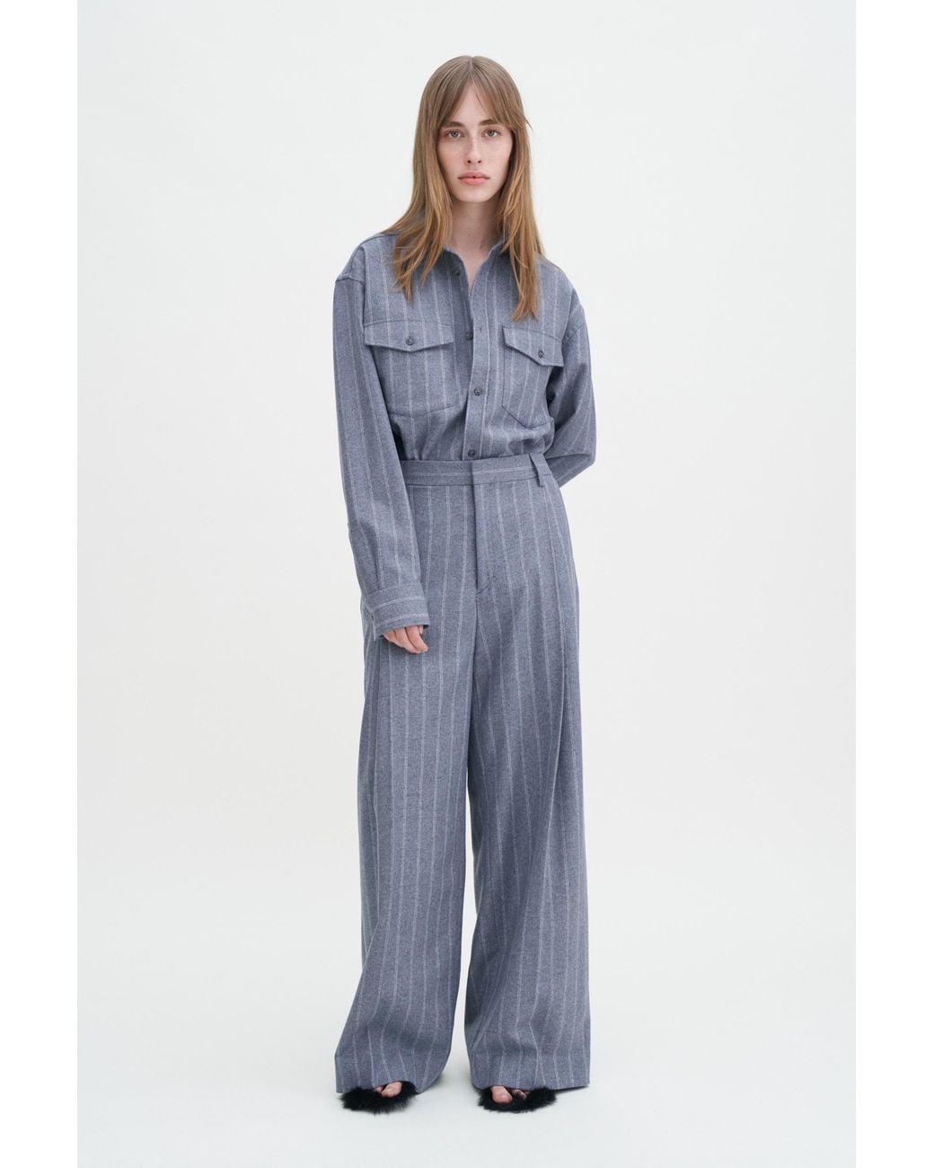 Filippa K Blue Wide Pleated Striped Trousers