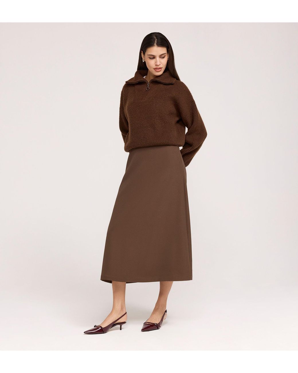 Finery London Brown Ramona Gaberdine Twill Midi Skirt