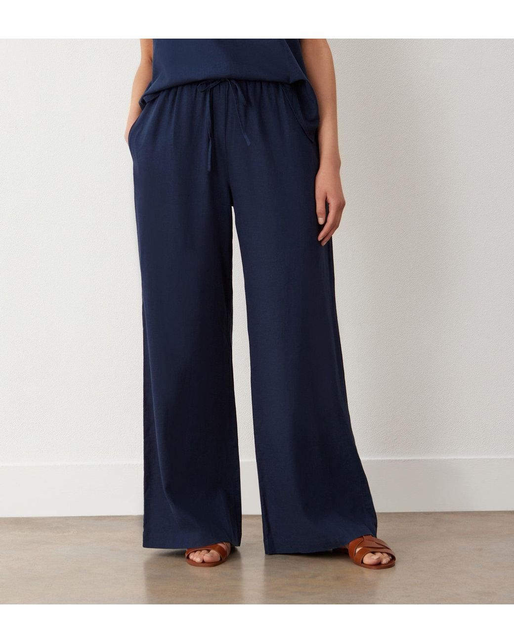 Finery London Blue Drew Wide Leg Linen Mix Trousers