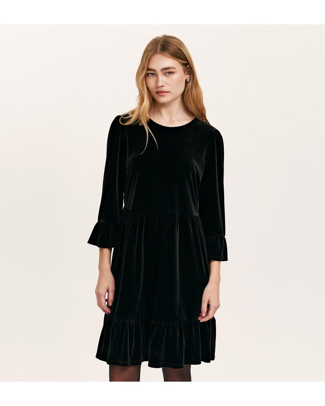 Finery London Black Camie Velvet Short Tiered Dress